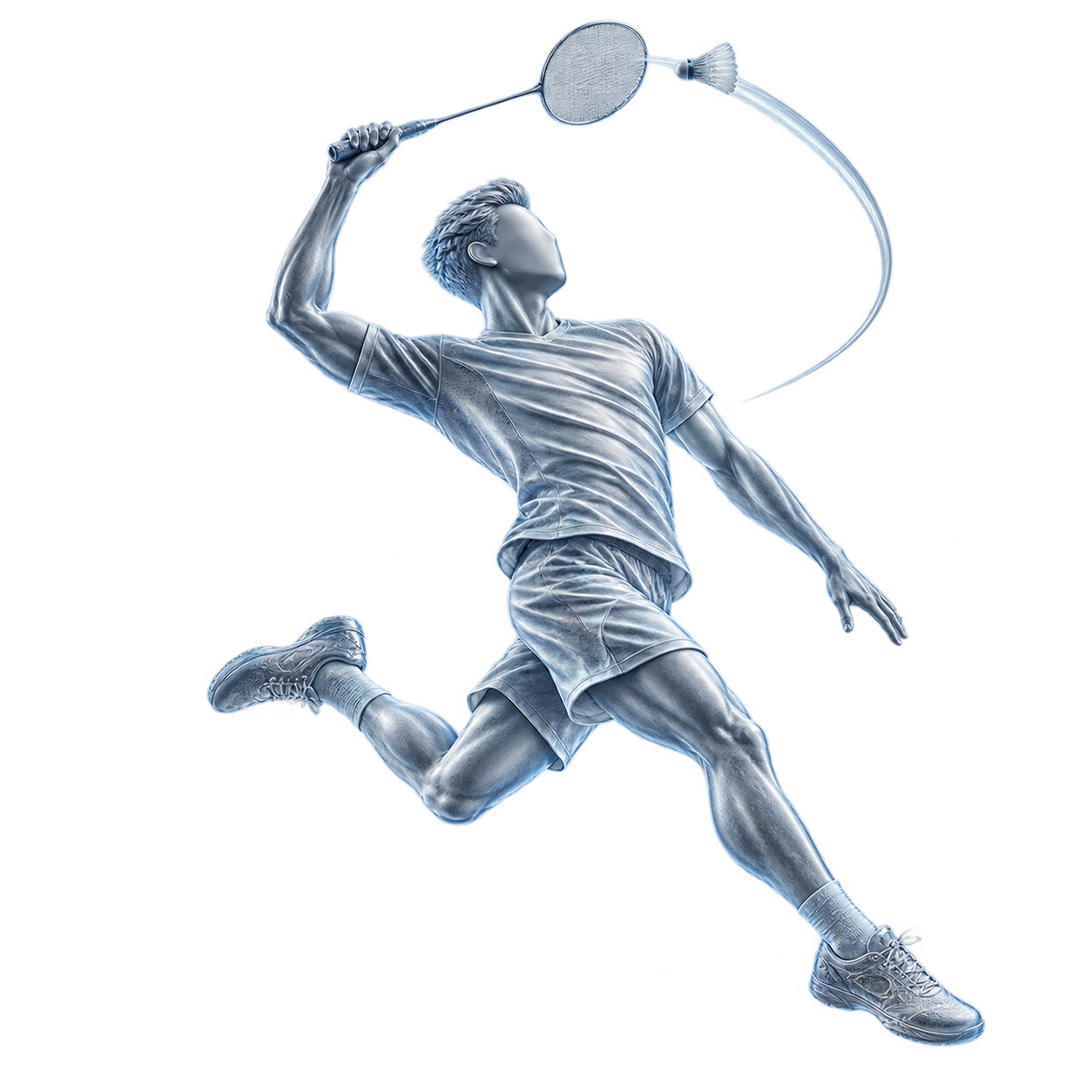 Ice-blue sculptural illustration of a badminton player airborne for a jump smash